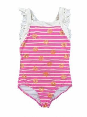 MINI BODEN Striped One Piece Swimsuit with Gold Floral Print - 5-6Y